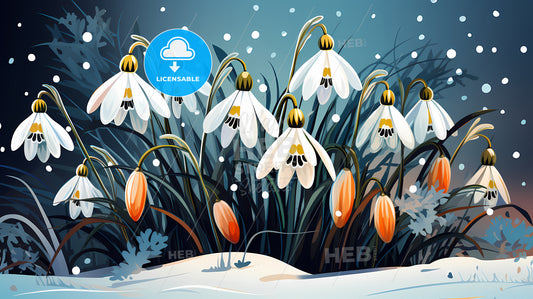 Spring - A Group Of White Flowers With Orange And Yellow Flowers In The Snow