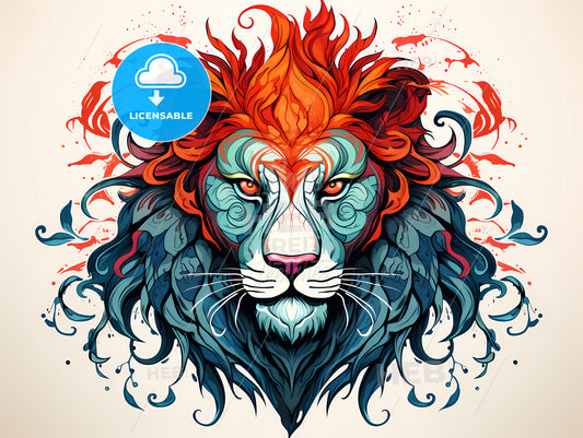 A Colorful Lion With Red And Blue Mane