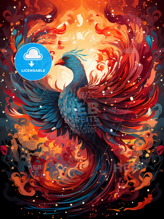 A Colorful Bird With Fire Flames