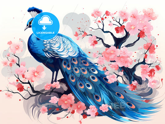 A Blue Peacock With Pink Flowers