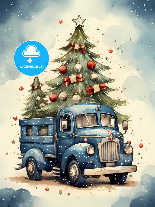Holiday Greetings Card - A Blue Truck With A Christmas Tree