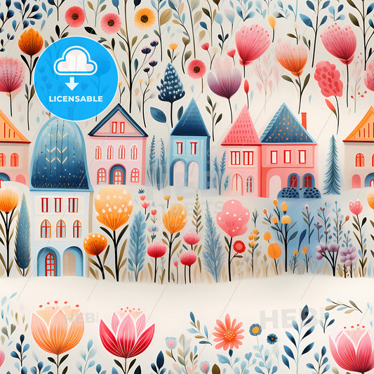 A Colorful Flower Garden With Houses And Flowers