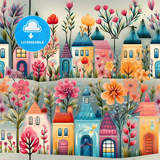 A Colorful Cartoon Houses With Flowers And Plants