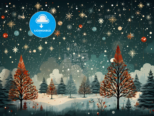 Christmas Greetings - A Snow Covered Landscape With Trees And Stars