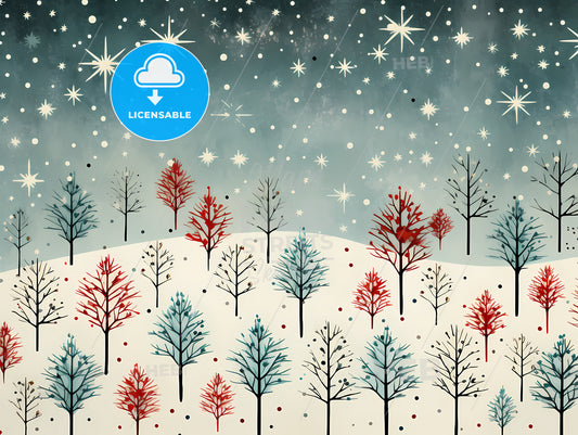 Christmas Greetings - A Snow Covered Hill With Trees And Stars