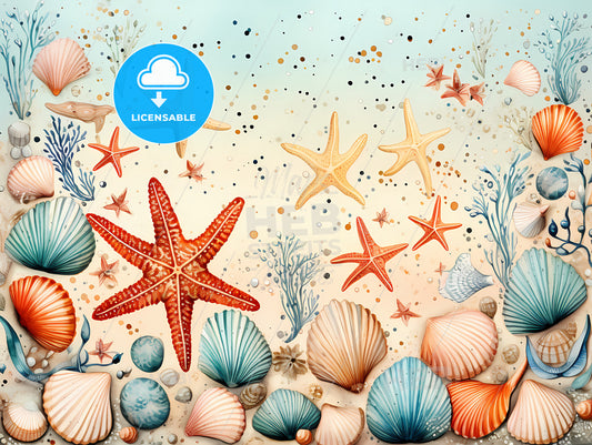 A Group Of Seashells And Starfishes