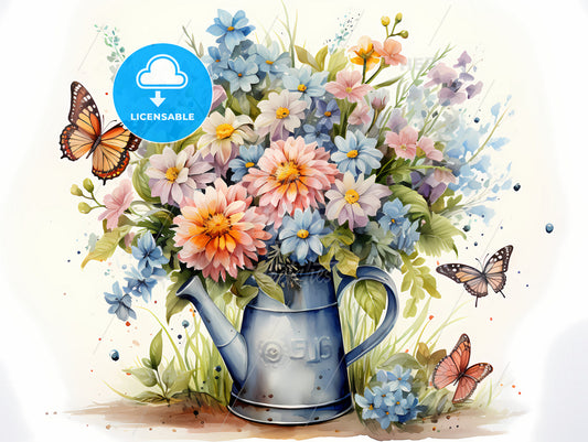 A Watercolor Painting Of Flowers And Butterflies
