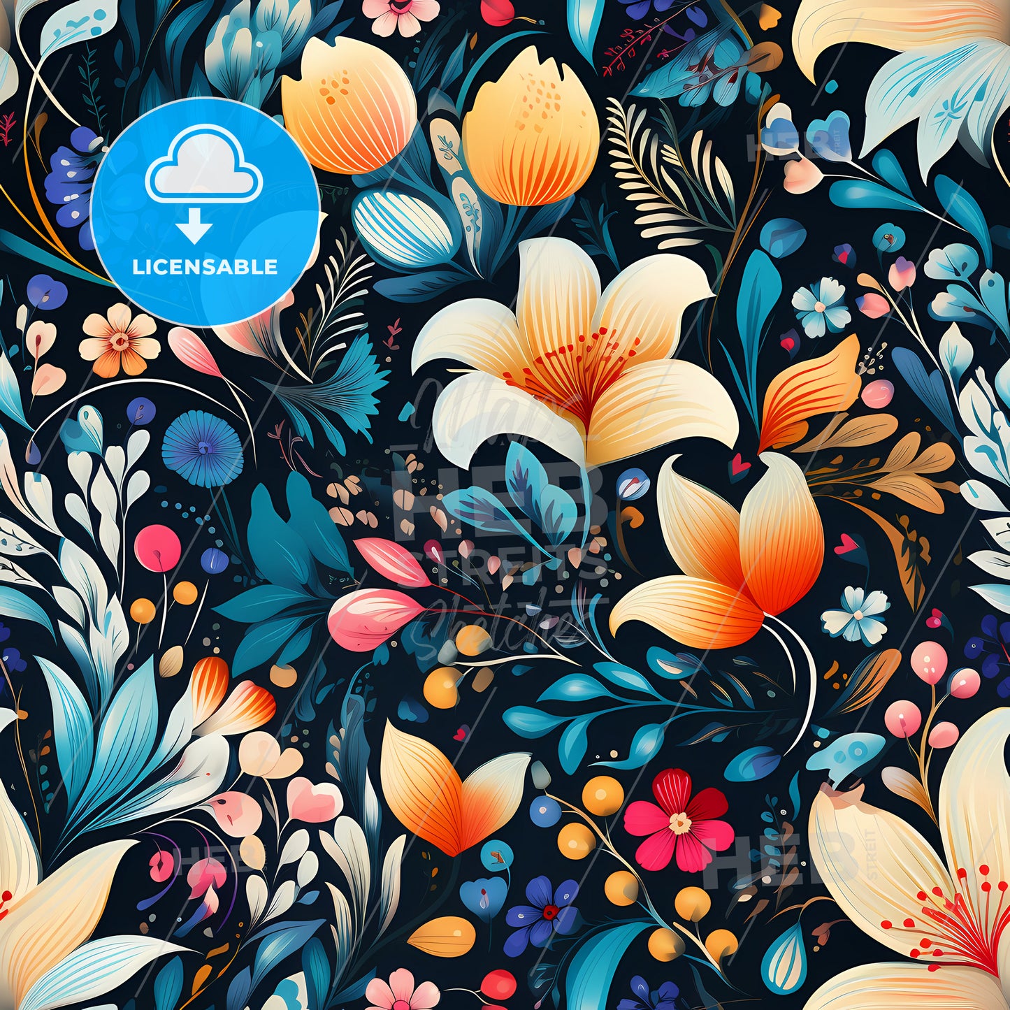 A Colorful Floral Pattern On A Black Background