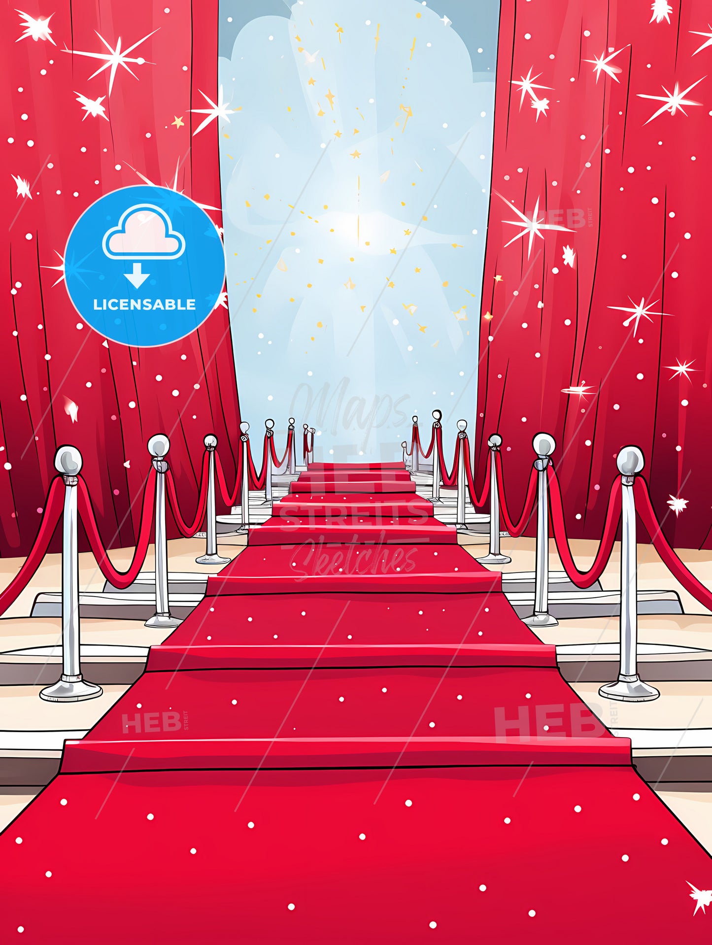 A Red Carpet With Silver Poles And Red Curtains
