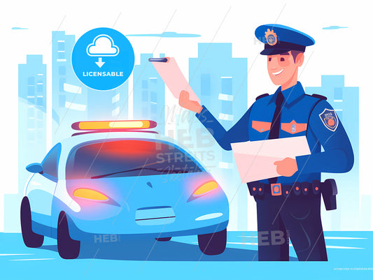 Boho - A Cartoon Of A Police Officer Holding A Clipboard Next To A Car