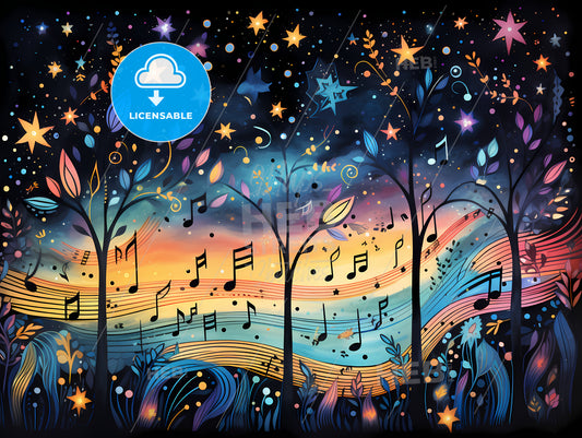 A Colorful Art Of Trees And Music Notes