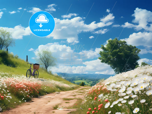 A Bicycle On A Dirt Road With Flowers And Trees