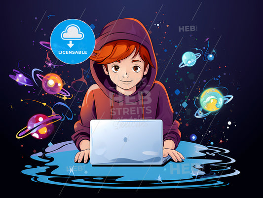 A Cartoon Of A Boy Using A Laptop