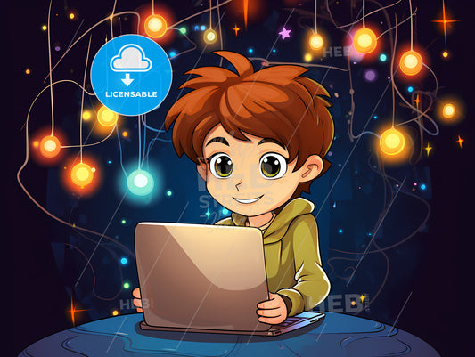 A Cartoon Of A Boy Using A Laptop