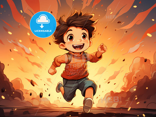 A Cartoon Of A Boy Running In Front Of A Volcano