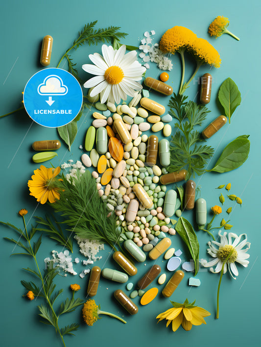 A Group Of Pills And Flowers