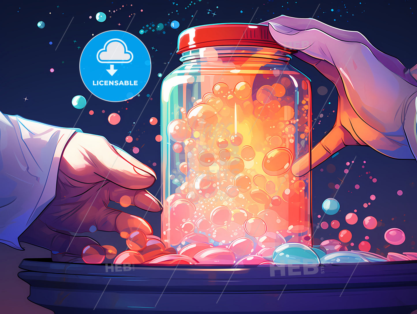 A Cartoon Of Hands Holding A Jar With Bubbles