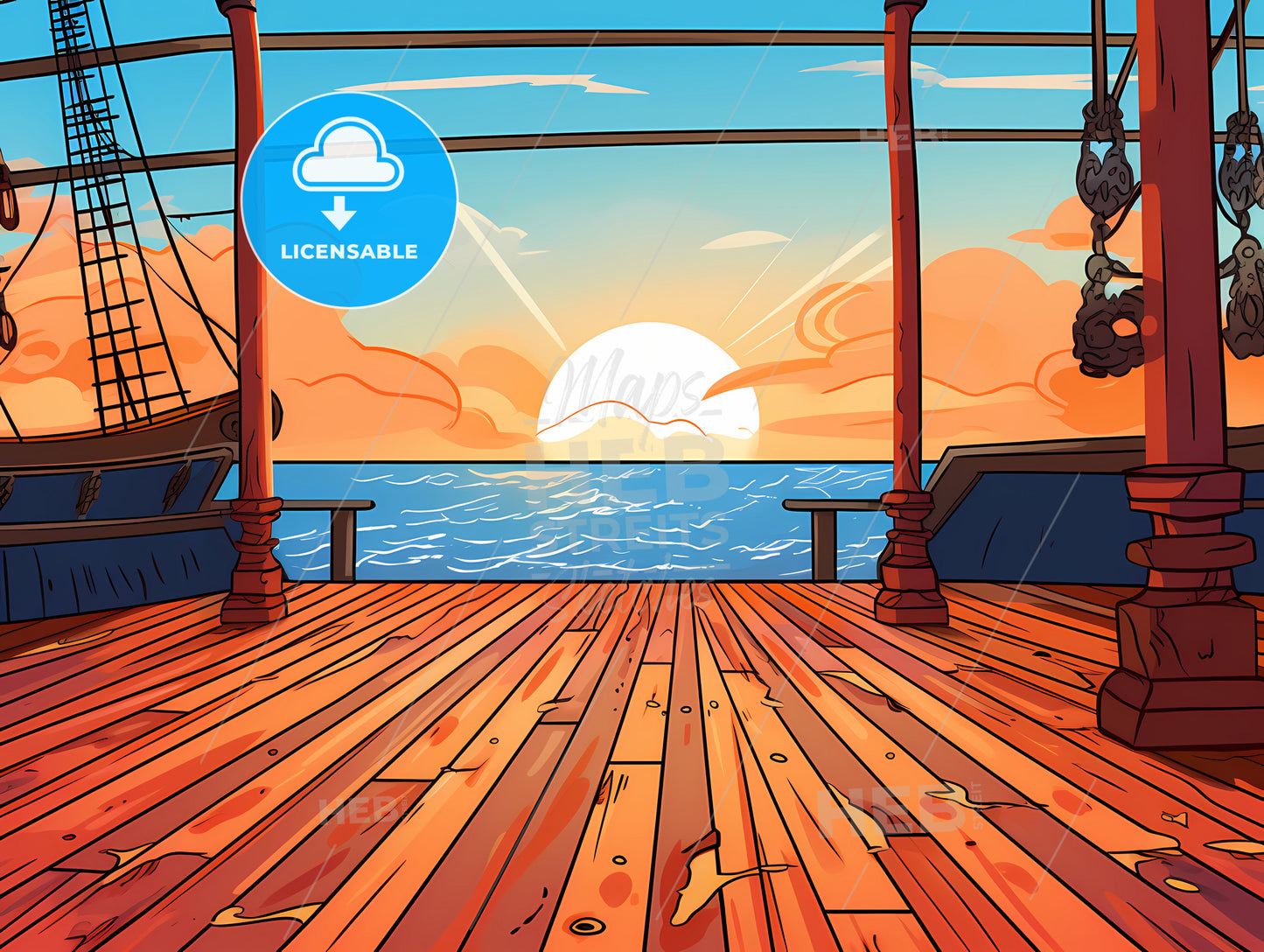 A Cartoon Of A Ship Deck With A Sunset