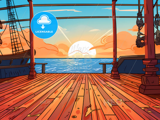 A Cartoon Of A Ship Deck With A Sunset