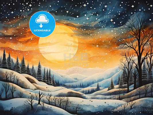 A Painting Of A Snowy Landscape With Trees And A Moon