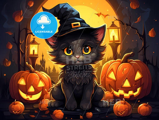 A Cat Wearing A Person Hat And Sitting On A Stone Platform With Pumpkins