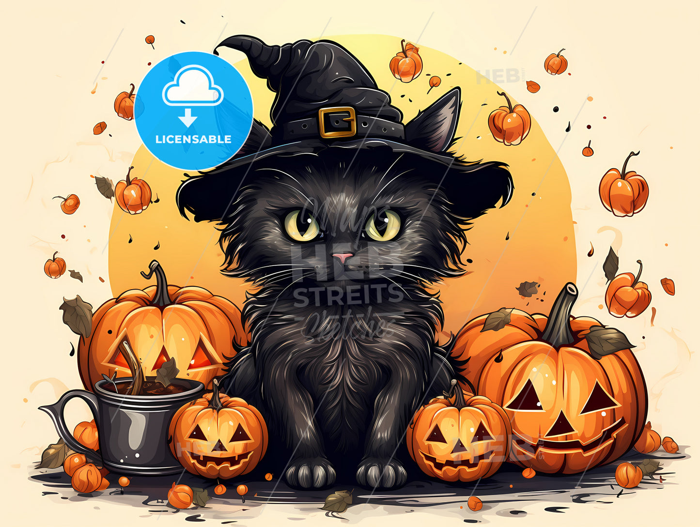 A Black Cat With A Hat And Pumpkins