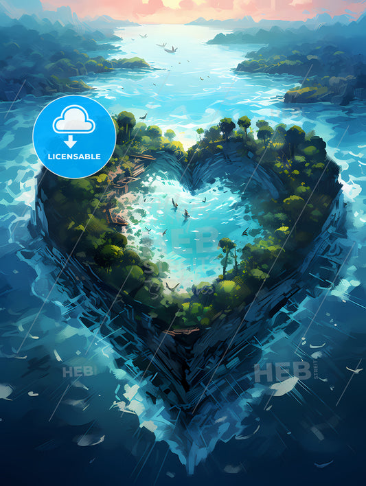 A Heart Shaped Island With Trees And People Swimming In The Water