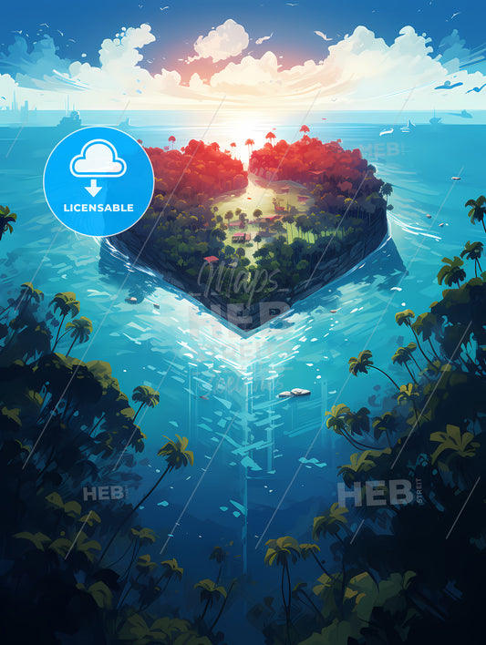 A Heart Shaped Island Surrounded By Water With Trees And Boats