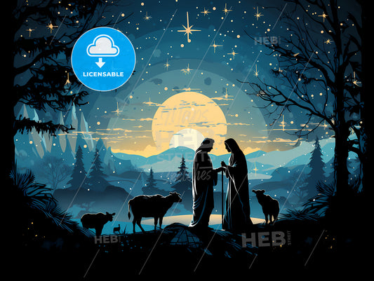 A Man And Woman Standing In A Forest With Animals And Stars