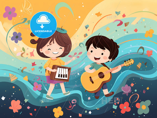 A Cartoon Of Kids Playing Musical Instruments