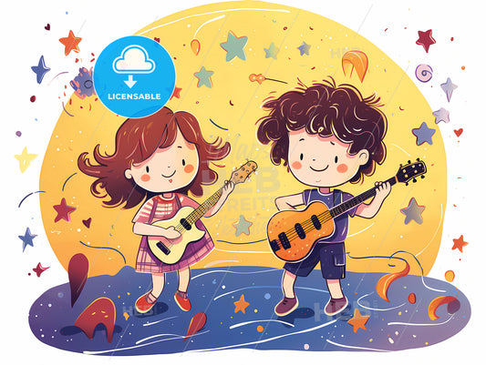 A Cartoon Of A Boy And Girl Playing Guitars
