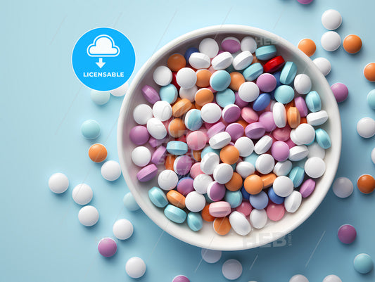 A Bowl Of Pills On A Blue Surface