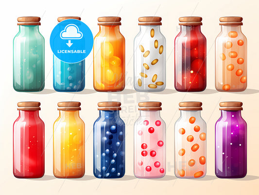 A Group Of Bottles With Different Colored Liquid In Them