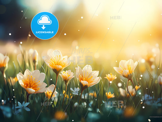 A Group Of White And Yellow Flowers In Grass