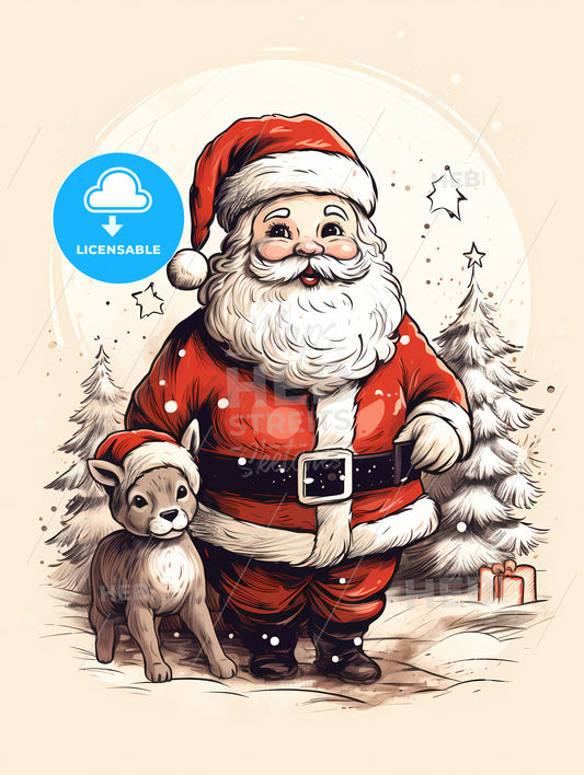 A Cartoon Of A Santa Claus And A Deer