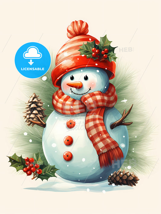 A Snowman With A Scarf And Pinecones