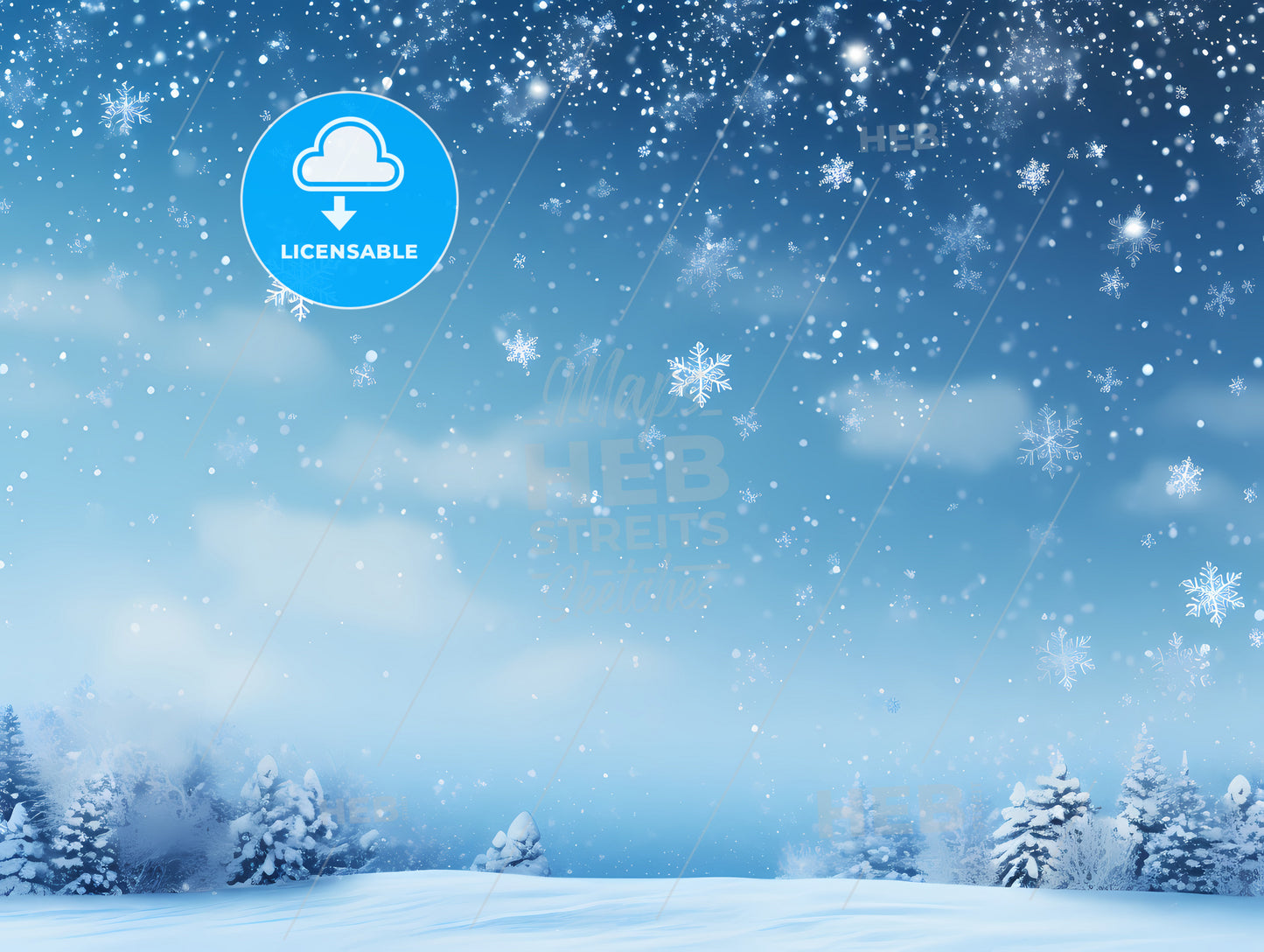 Snow Covered Trees And Snowflakes In The Sky