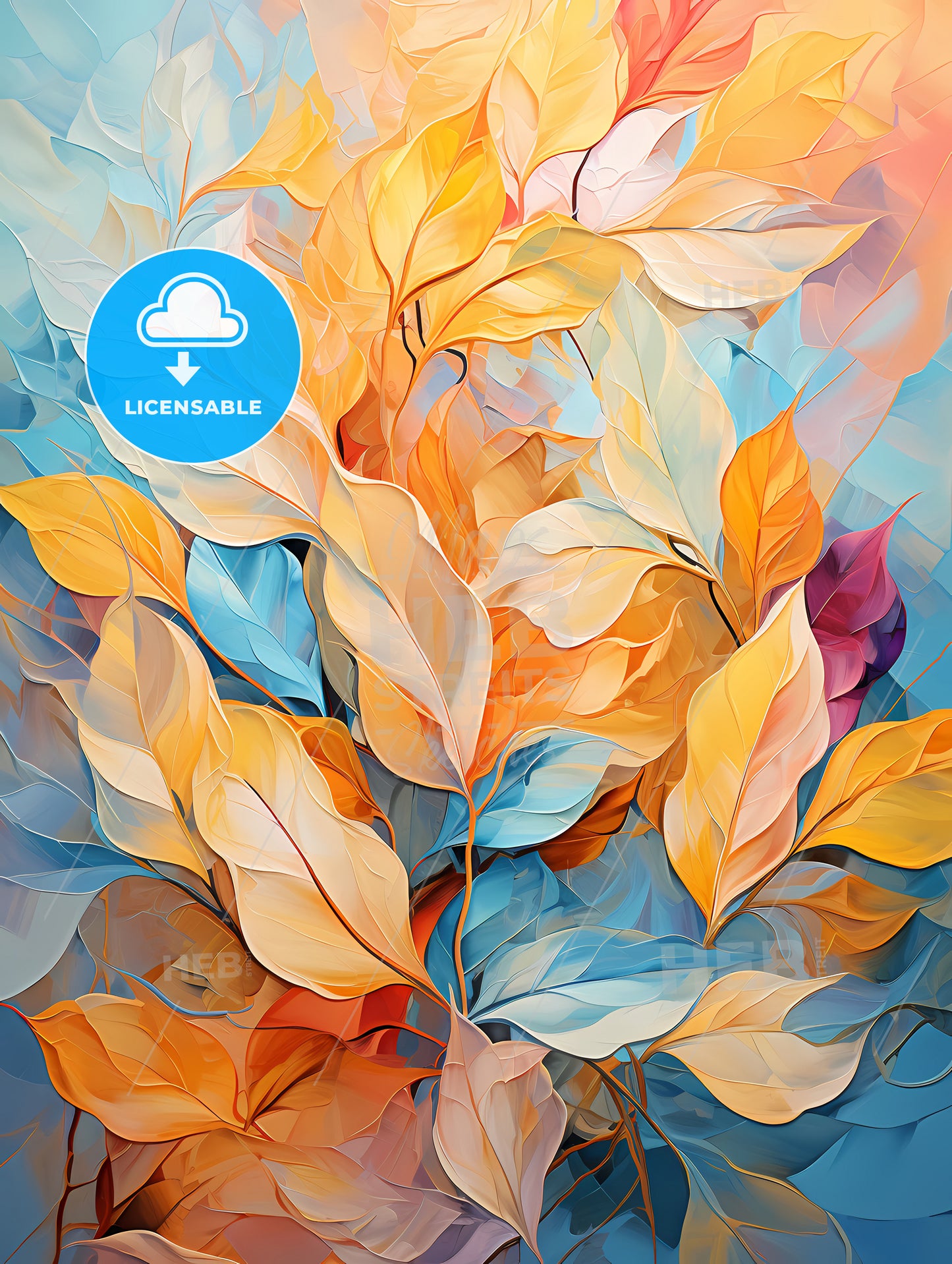 A Painting Of Leaves On A Blue Background