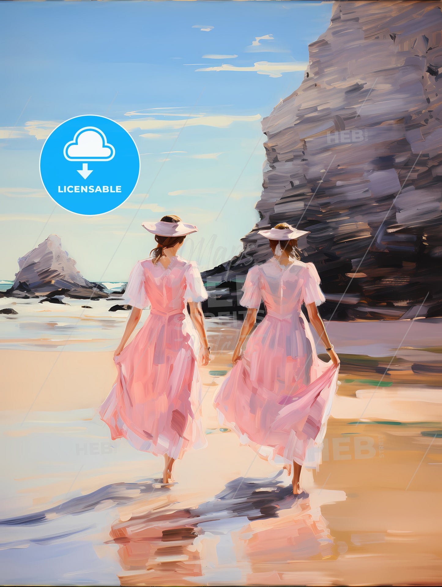 Two Women In Pink Dresses Walking On A Beach