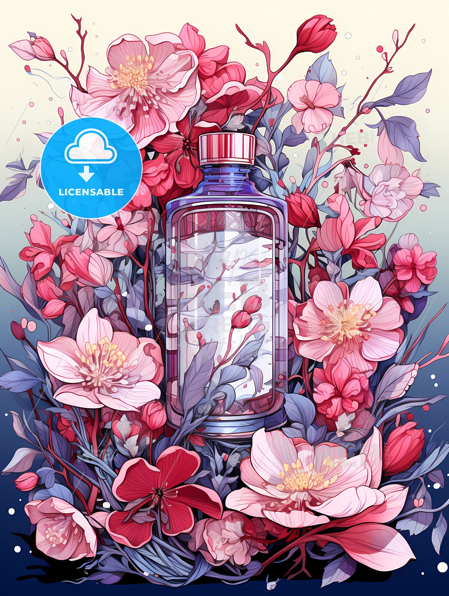 A Bottle Of Liquid Surrounded By Pink Flowers