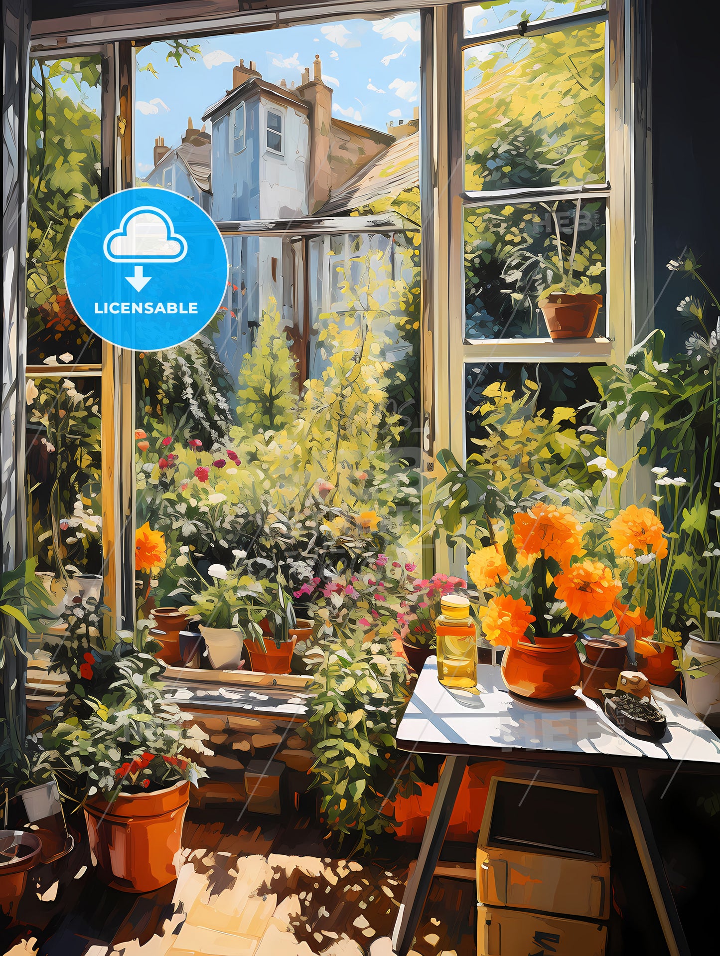 A Room With A Table And Potted Plants