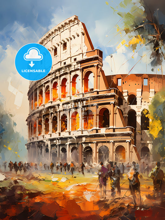 A Colosseum With People Walking In Front Of It
