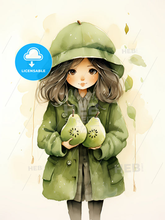 A Cartoon Of A Girl Holding Pears