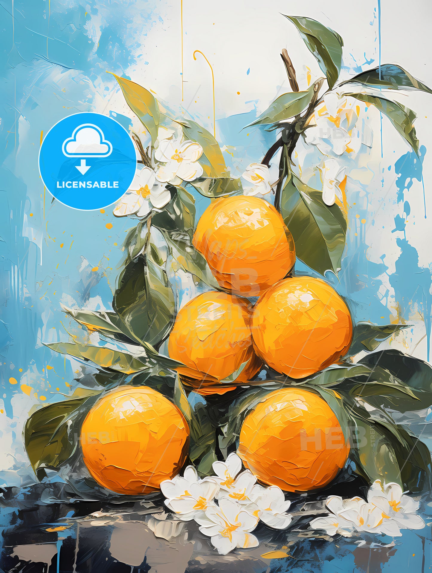 A Painting Of Oranges On A Branch With White Flowers