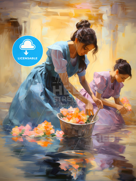 A Painting Of Women In Dresses Washing Flowers In Water