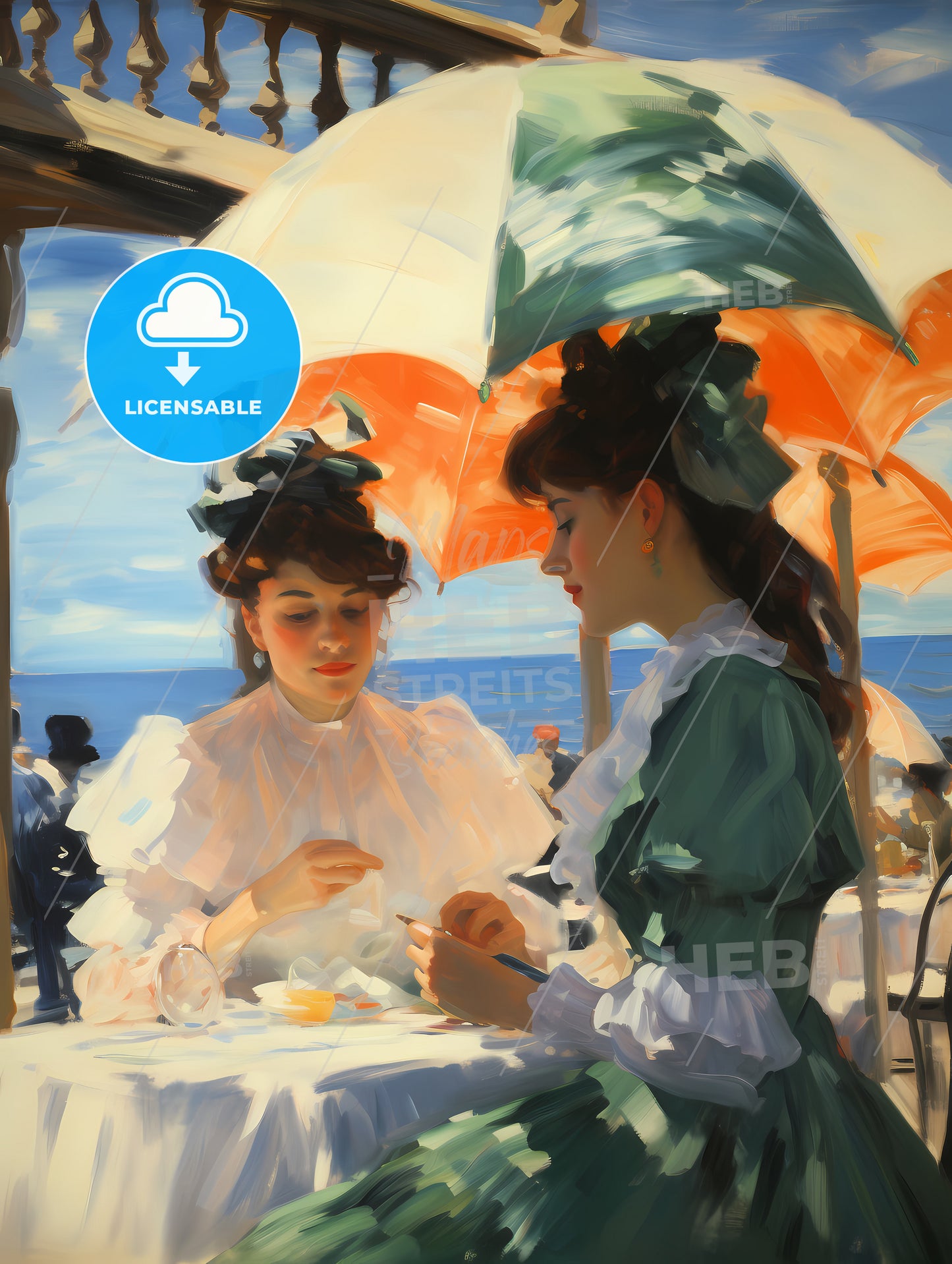 A Couple Of Women Sitting At A Table With Umbrellas