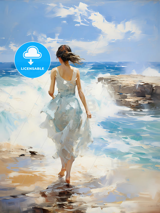 A Woman In A White Dress Walking On A Beach