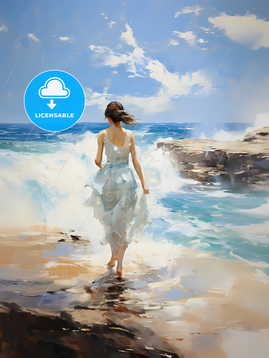A Woman In A White Dress Walking On A Beach