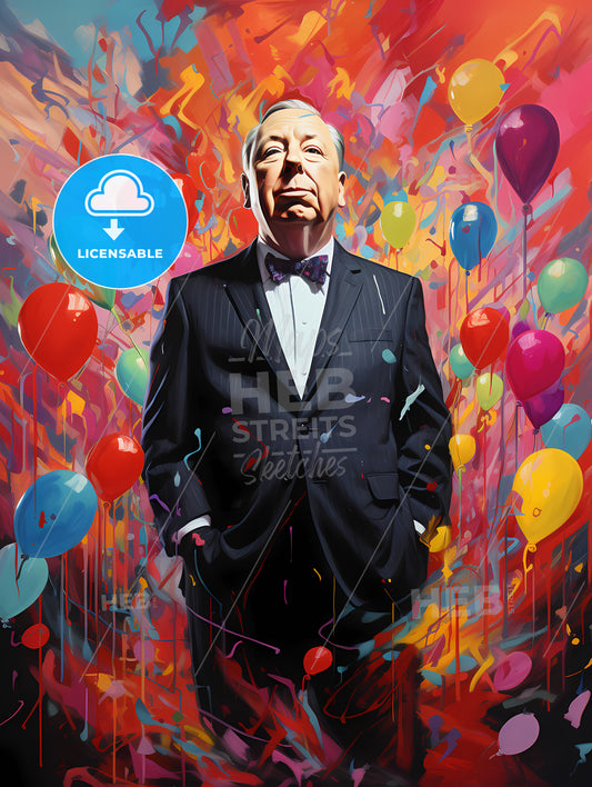 Alfred Hitchcock - A Man In A Suit With Balloons Around Him