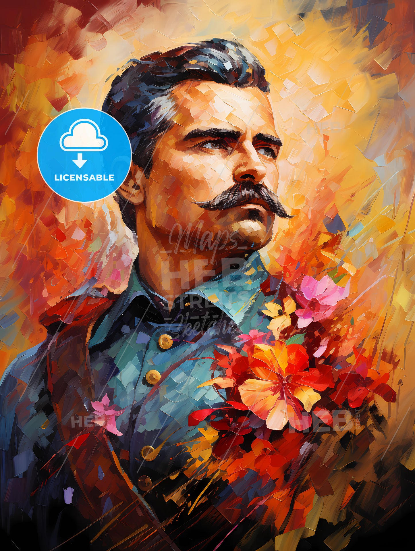 Emiliano Zapata - A Painting Of A Man With A Mustache Holding Flowers